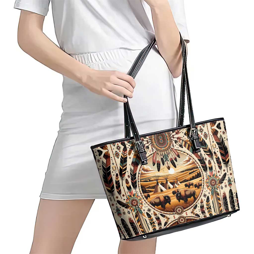 Native American Life Leather Tote Bag Teepee Village With Buffalo Bison DT02