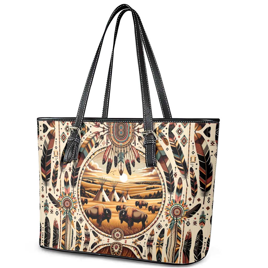 Native American Life Leather Tote Bag Teepee Village With Buffalo Bison DT02