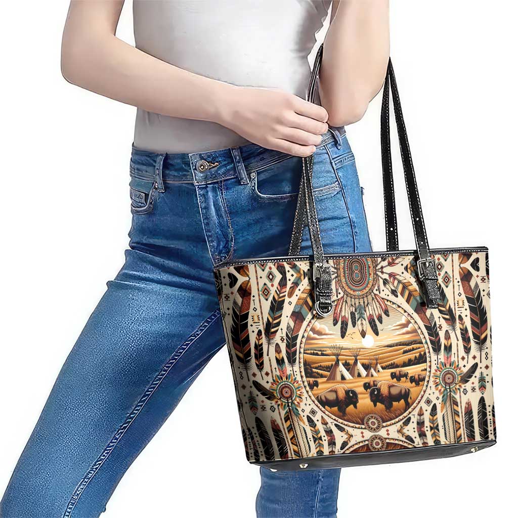 Native American Life Leather Tote Bag Teepee Village With Buffalo Bison DT02