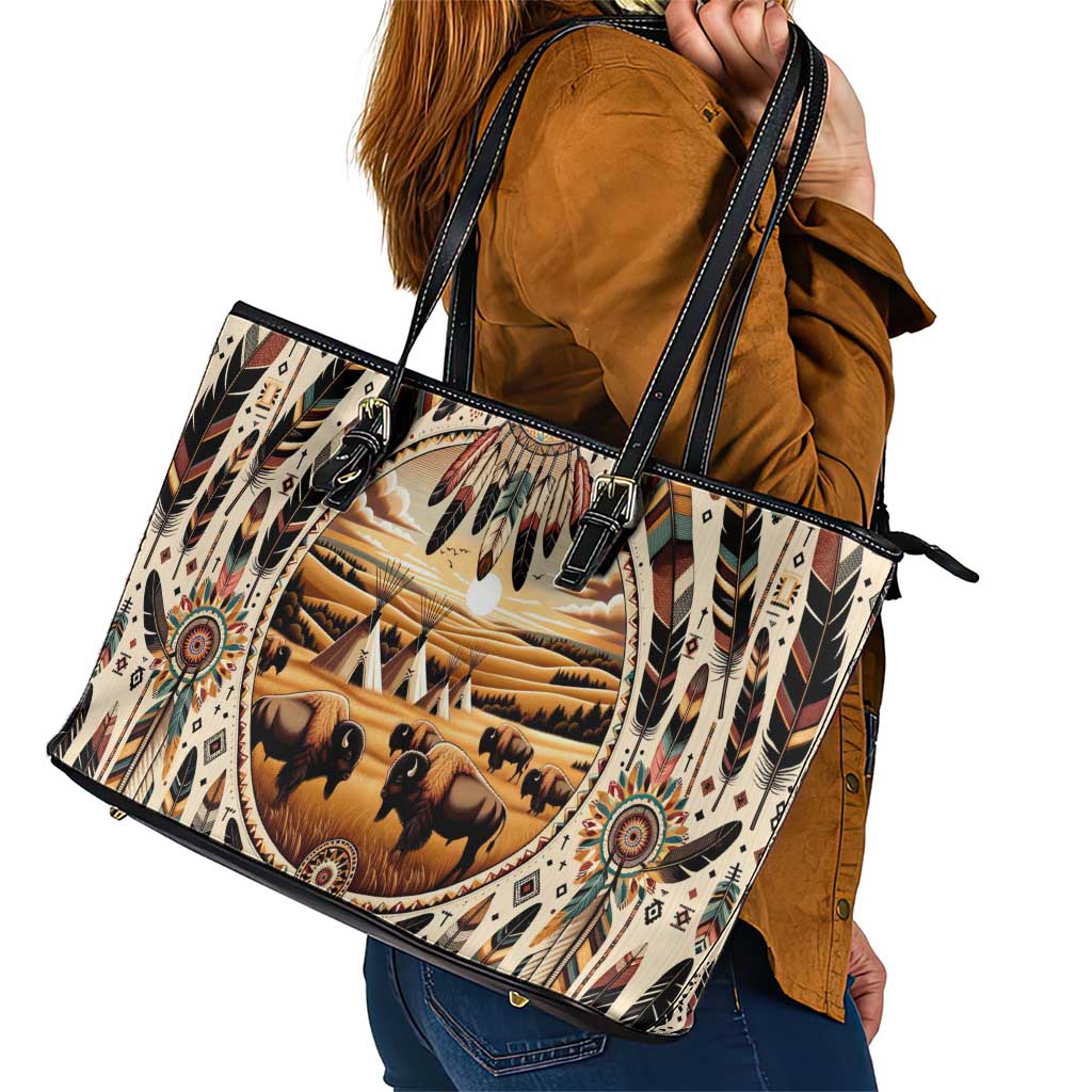 Native American Life Leather Tote Bag Teepee Village With Buffalo Bison DT02