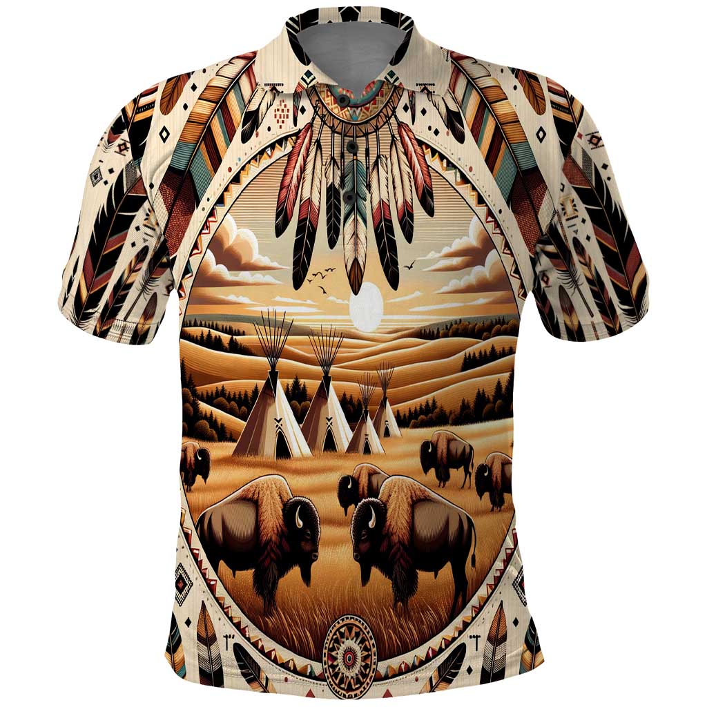 Native American Life Polo Shirt Teepee Village With Buffalo Bison DT02