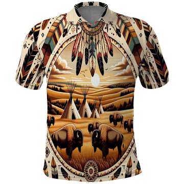 Native American Life Polo Shirt Teepee Village With Buffalo Bison DT02