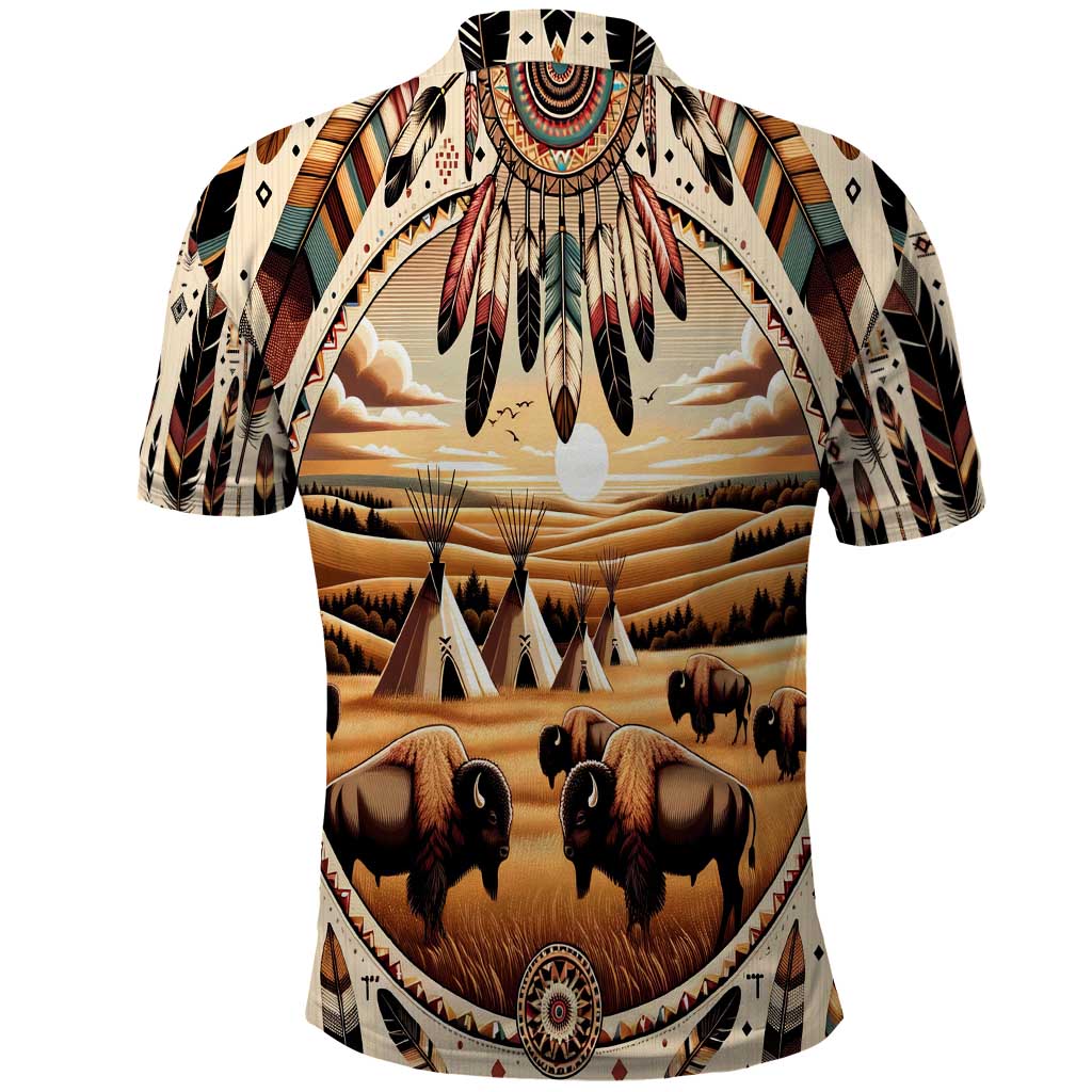 Native American Life Polo Shirt Teepee Village With Buffalo Bison DT02