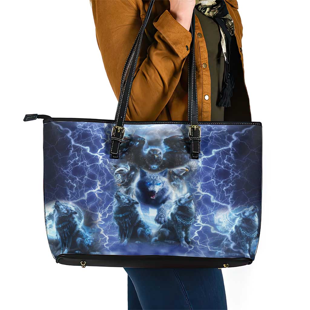 Native American Wolf And Eagle Leather Tote Bag Thunder Style DT02