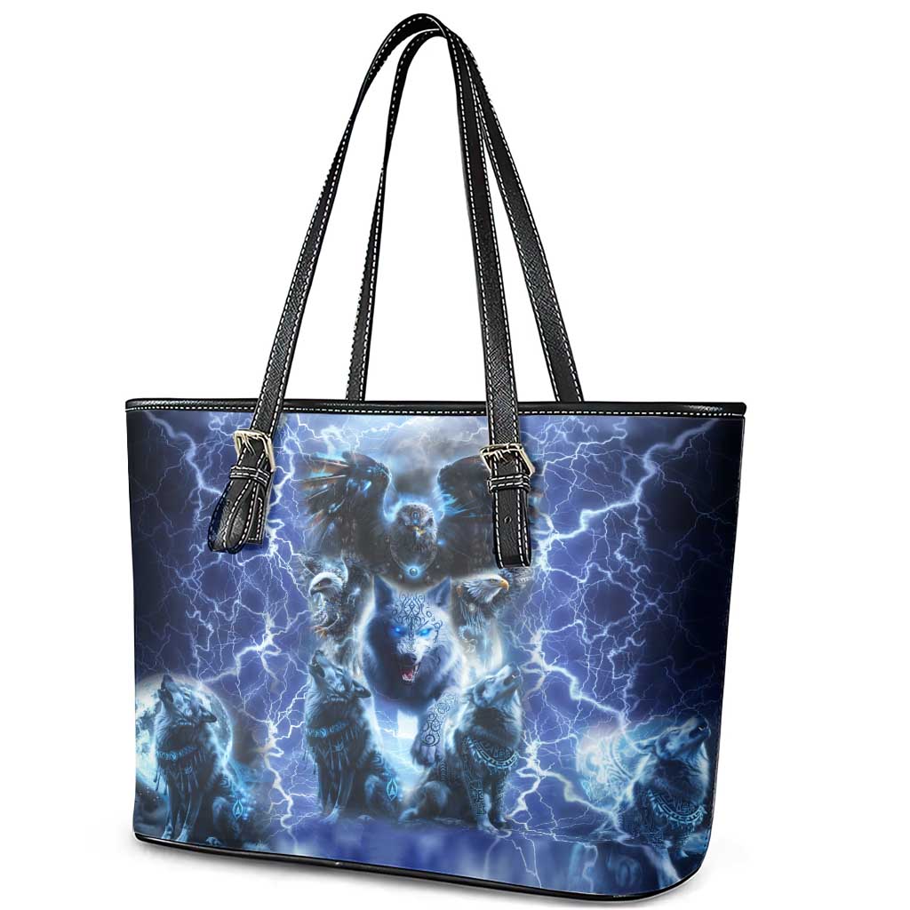 Native American Wolf And Eagle Leather Tote Bag Thunder Style DT02