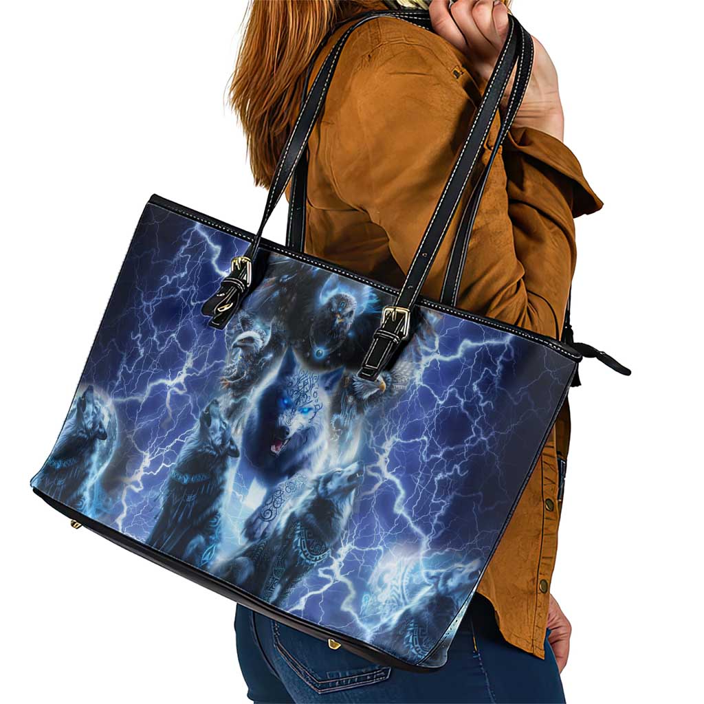 Native American Wolf And Eagle Leather Tote Bag Thunder Style DT02