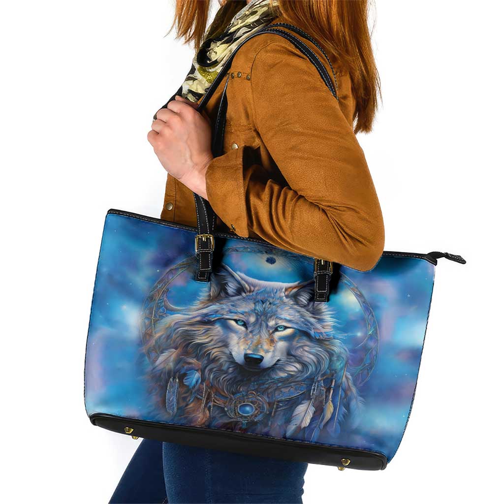 Beautiful Native American Wolf Leather Tote Bag Galaxy Art DT02
