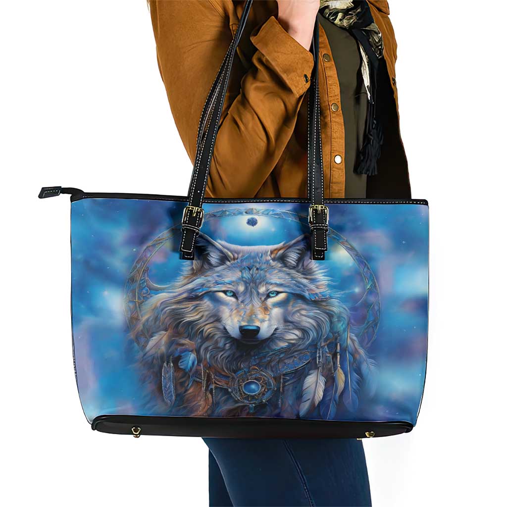 Beautiful Native American Wolf Leather Tote Bag Galaxy Art DT02