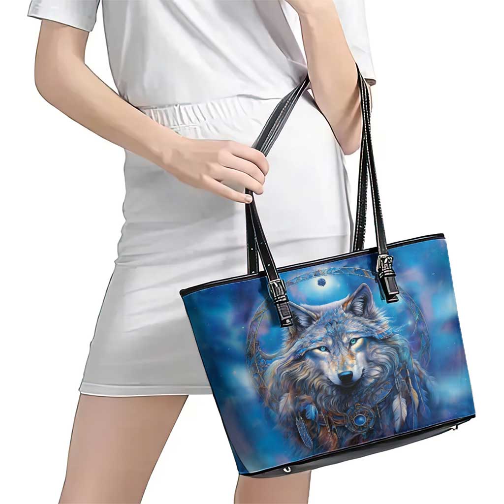 Beautiful Native American Wolf Leather Tote Bag Galaxy Art DT02
