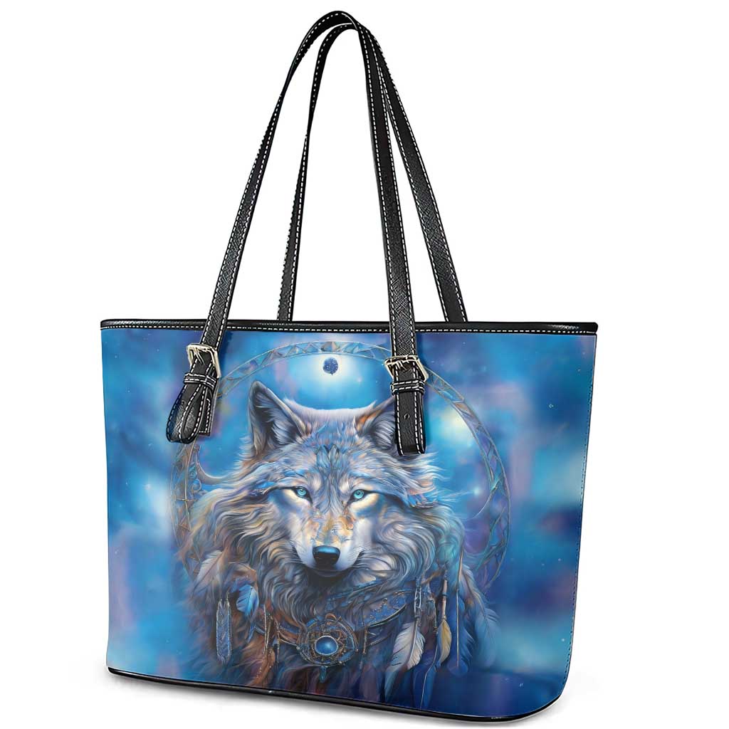 Beautiful Native American Wolf Leather Tote Bag Galaxy Art DT02