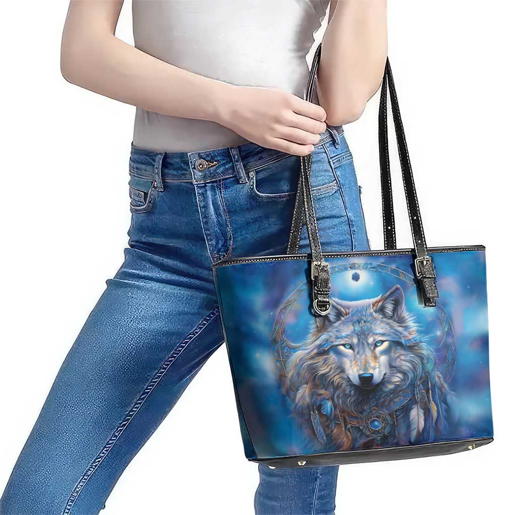 Beautiful Native American Wolf Leather Tote Bag Galaxy Art DT02