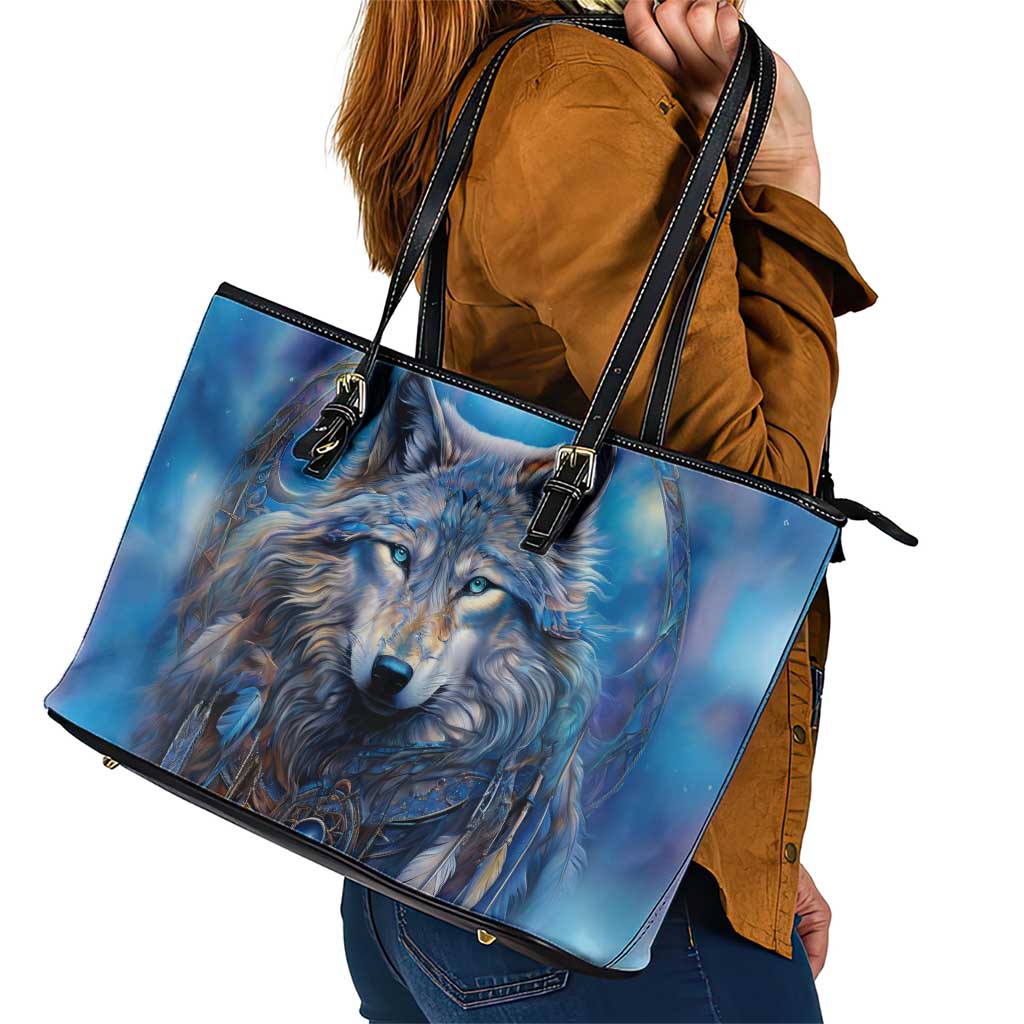 Beautiful Native American Wolf Leather Tote Bag Galaxy Art DT02