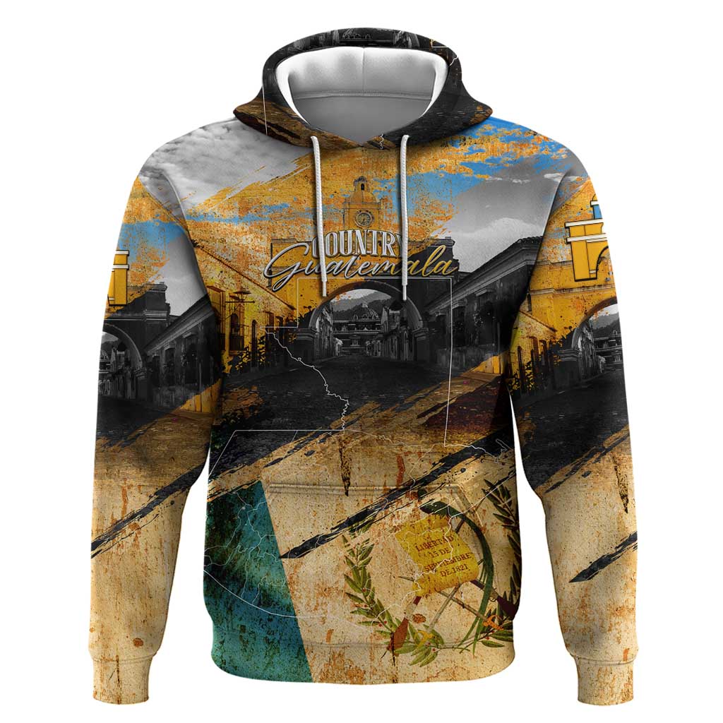 Guatemala Country Pride Hoodie Grunge Map Art with National Landmark Flag Texture DT02
