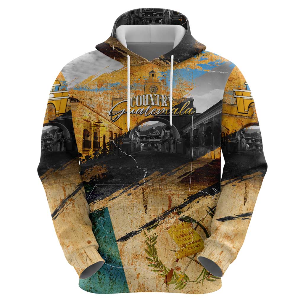 Guatemala Country Pride Hoodie Grunge Map Art with National Landmark Flag Texture DT02