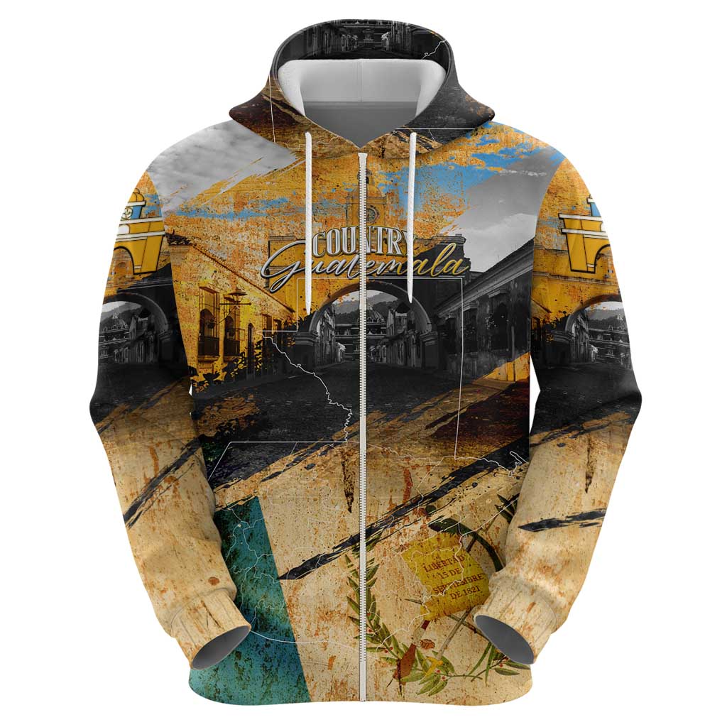 Guatemala Country Pride Hoodie Grunge Map Art with National Landmark Flag Texture DT02
