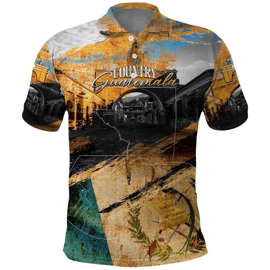 Guatemala Country Pride Polo Shirt Grunge Map Art with National Landmark Flag Texture DT02