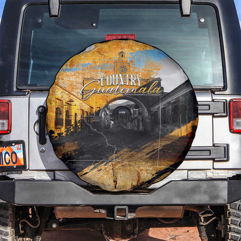 Guatemala Country Pride Spare Tire Cover Grunge Map Art with National Landmark Flag Texture DT02