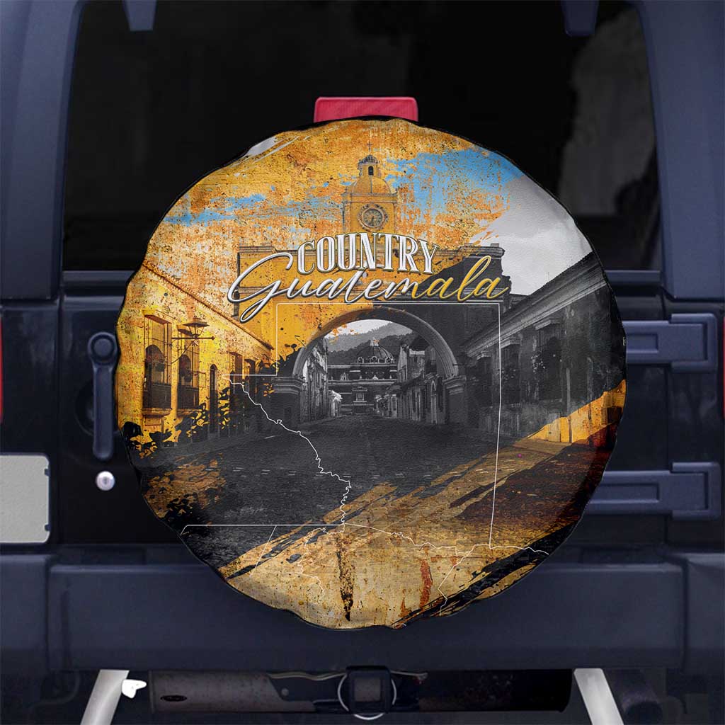 Guatemala Country Pride Spare Tire Cover Grunge Map Art with National Landmark Flag Texture DT02