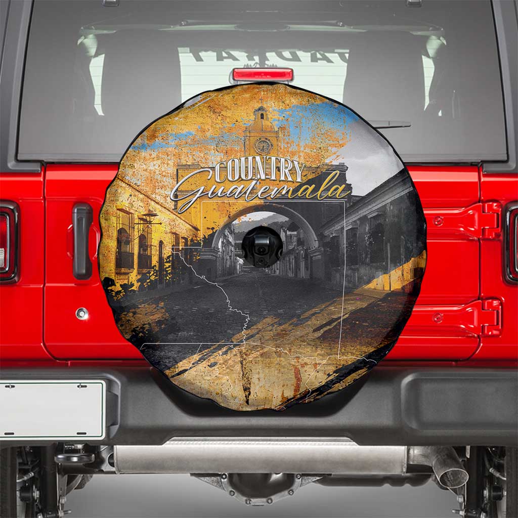 Guatemala Country Pride Spare Tire Cover Grunge Map Art with National Landmark Flag Texture DT02