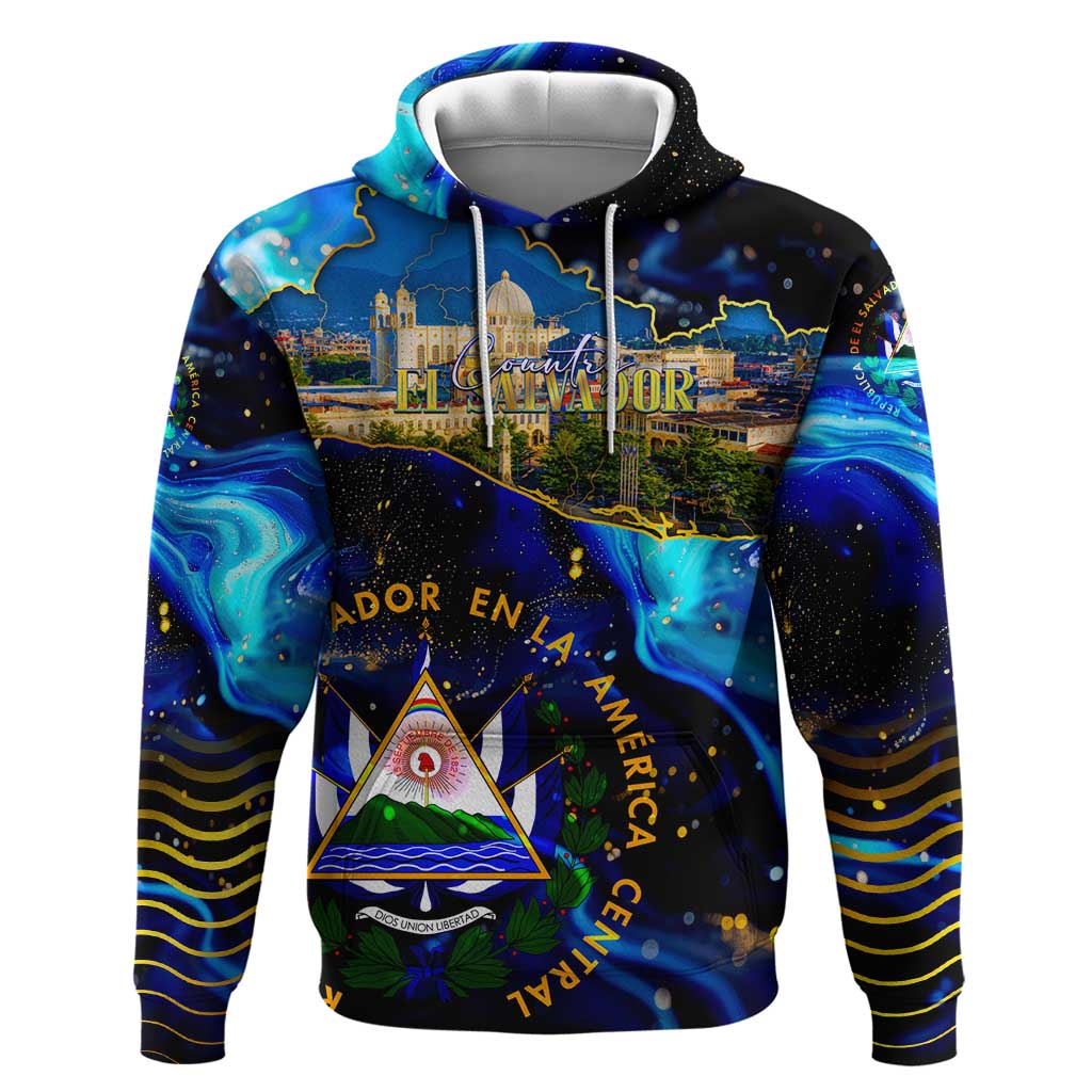 El Salvador Country Pride Hoodie Map Flag and National Emblem Art in Cosmic Blue DT02