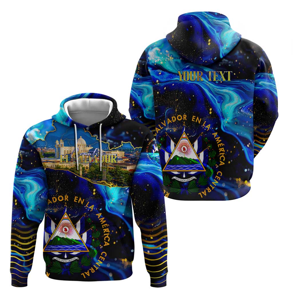 El Salvador Country Pride Hoodie Map Flag and National Emblem Art in Cosmic Blue DT02