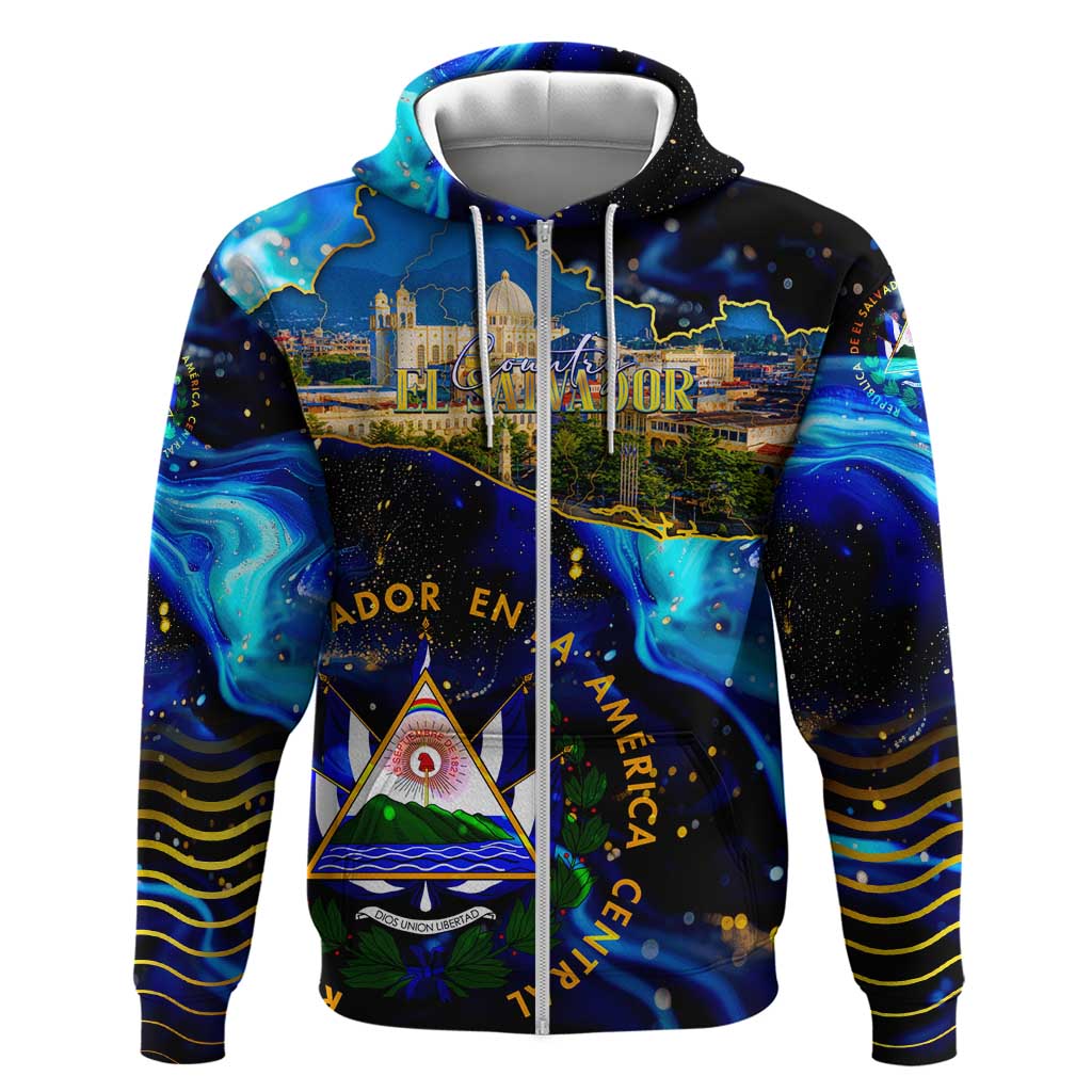 El Salvador Country Pride Hoodie Map Flag and National Emblem Art in Cosmic Blue DT02