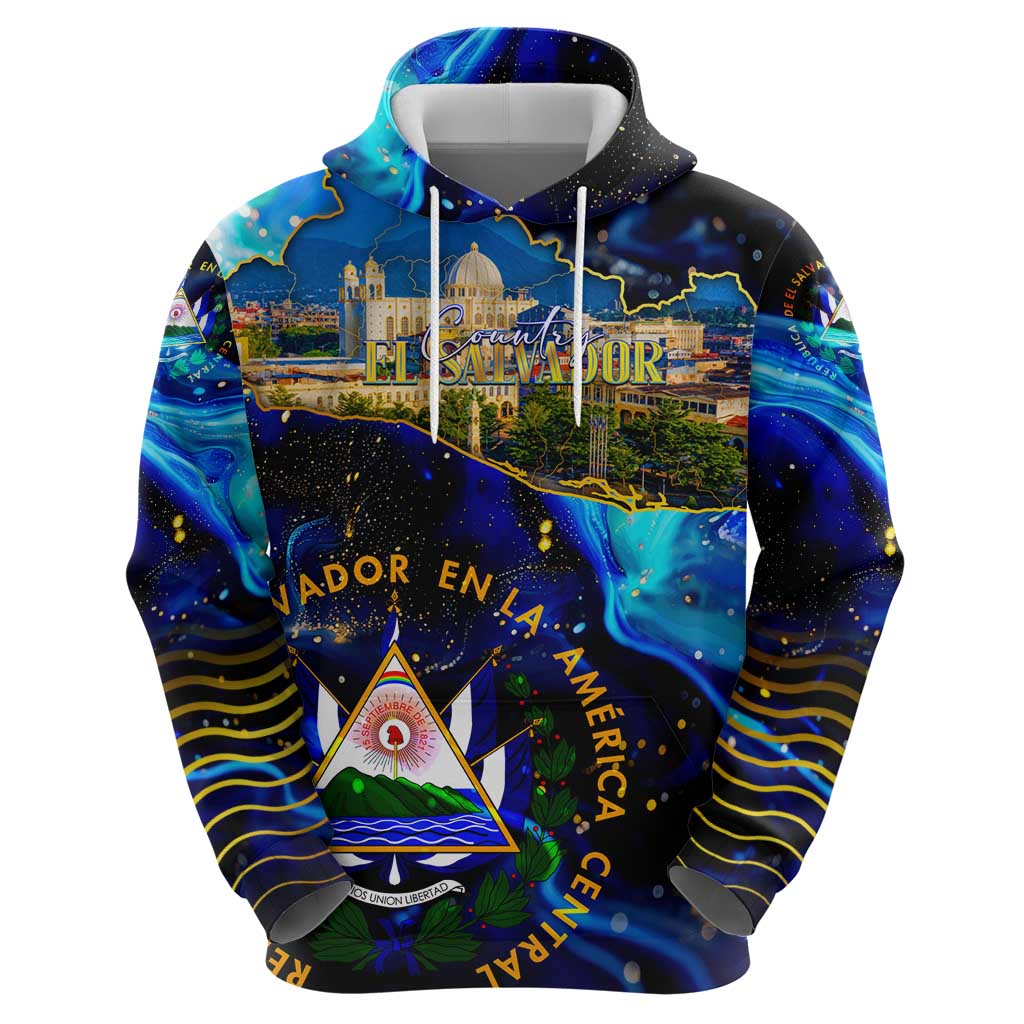 El Salvador Country Pride Hoodie Map Flag and National Emblem Art in Cosmic Blue DT02