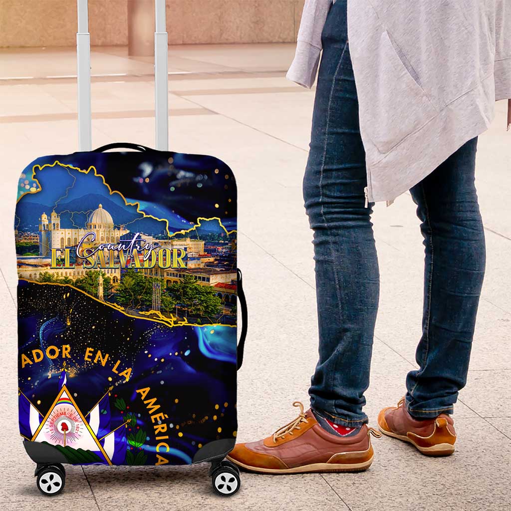 El Salvador Country Pride Luggage Cover Map Flag and National Emblem Art in Cosmic Blue DT02