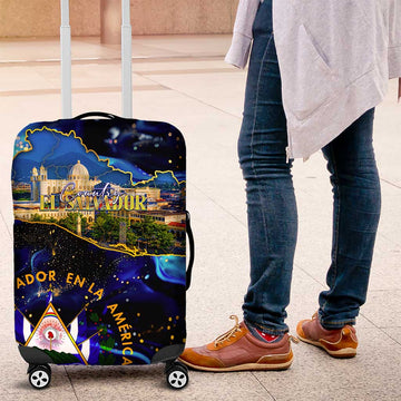 El Salvador Country Pride Luggage Cover Map Flag and National Emblem Art in Cosmic Blue DT02