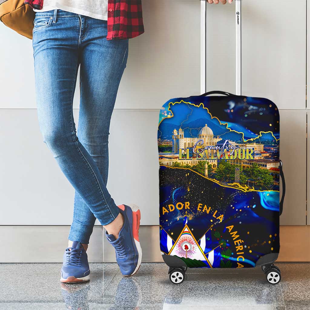 El Salvador Country Pride Luggage Cover Map Flag and National Emblem Art in Cosmic Blue DT02