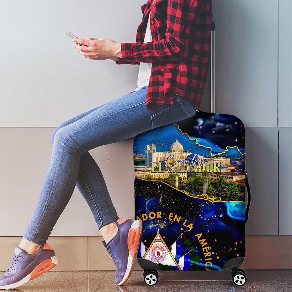 El Salvador Country Pride Luggage Cover Map Flag and National Emblem Art in Cosmic Blue DT02