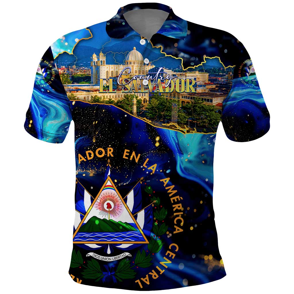 El Salvador Country Pride Polo Shirt Map Flag and National Emblem Art in Cosmic Blue DT02