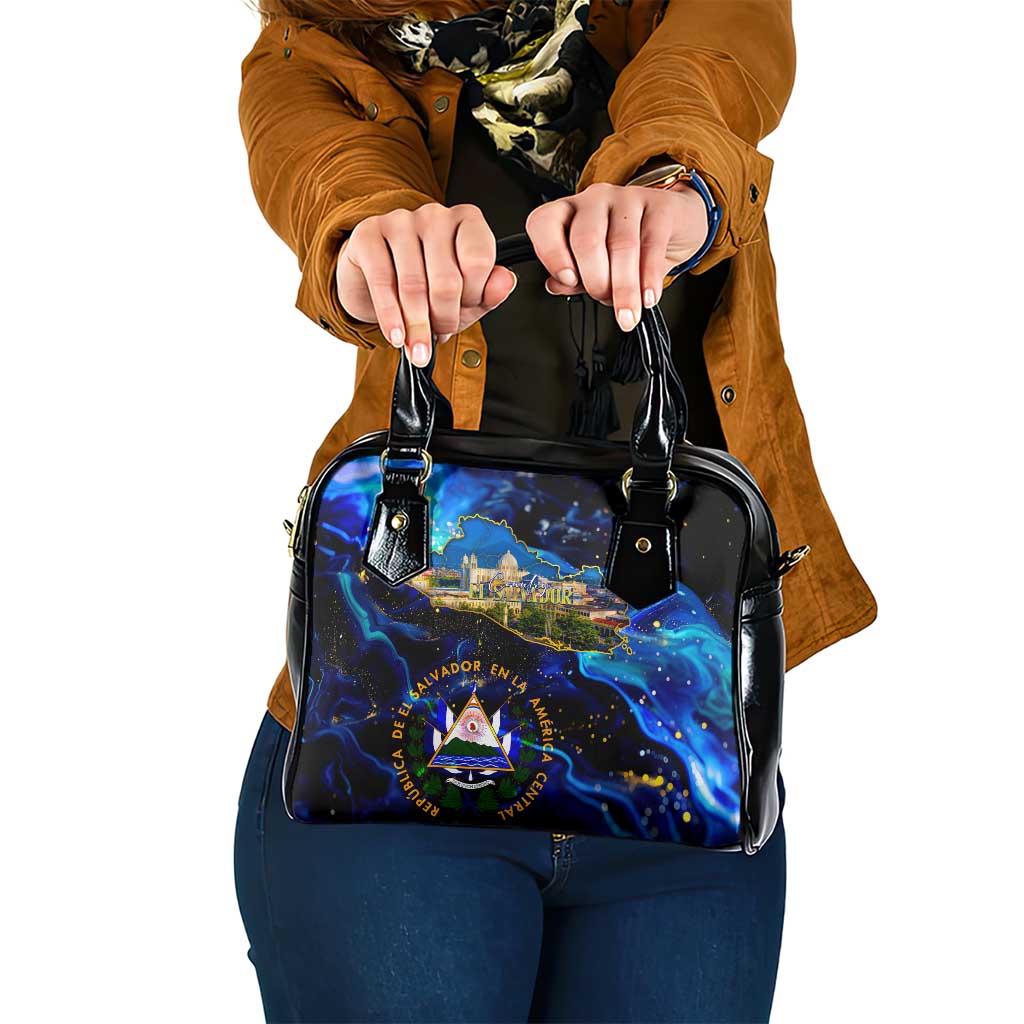 El Salvador Country Pride Shoulder Handbag Map Flag and National Emblem Art in Cosmic Blue DT02