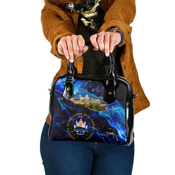El Salvador Country Pride Shoulder Handbag Map Flag and National Emblem Art in Cosmic Blue DT02