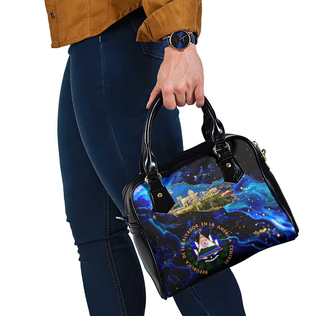 El Salvador Country Pride Shoulder Handbag Map Flag and National Emblem Art in Cosmic Blue DT02