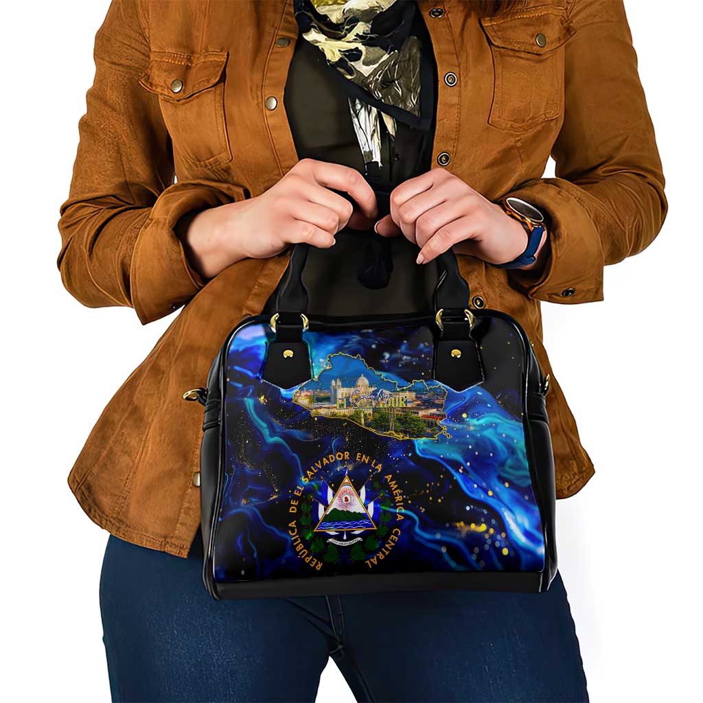 El Salvador Country Pride Shoulder Handbag Map Flag and National Emblem Art in Cosmic Blue DT02