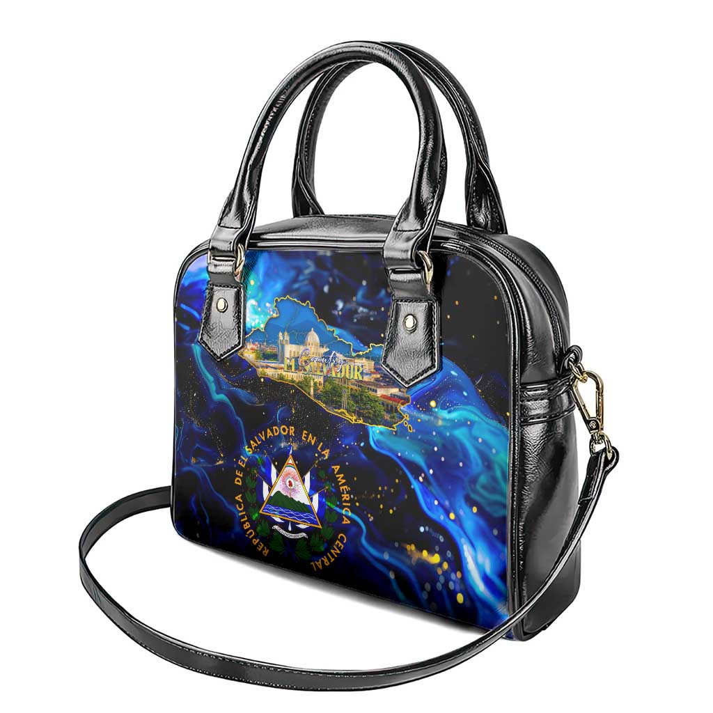 El Salvador Country Pride Shoulder Handbag Map Flag and National Emblem Art in Cosmic Blue DT02
