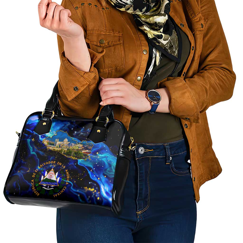 El Salvador Country Pride Shoulder Handbag Map Flag and National Emblem Art in Cosmic Blue DT02