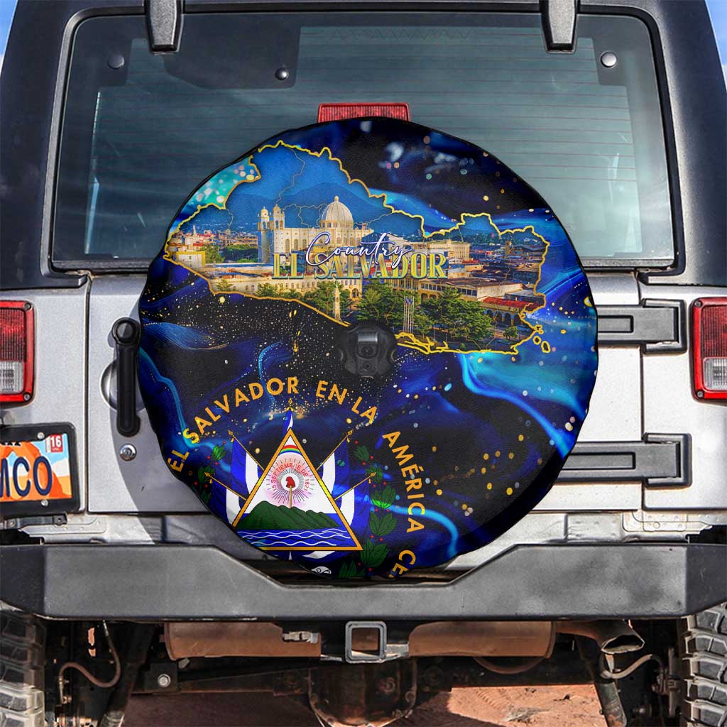 El Salvador Country Pride Spare Tire Cover Map Flag and National Emblem Art in Cosmic Blue DT02