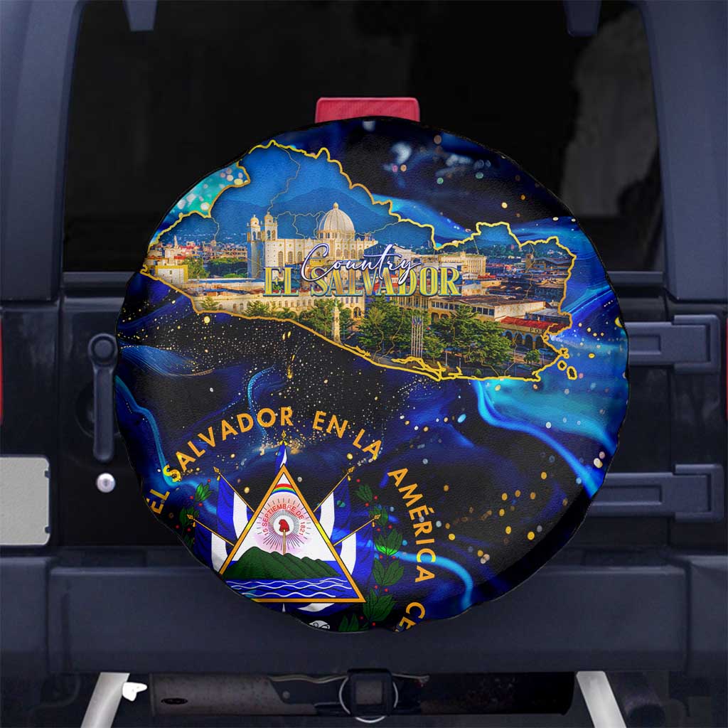El Salvador Country Pride Spare Tire Cover Map Flag and National Emblem Art in Cosmic Blue DT02
