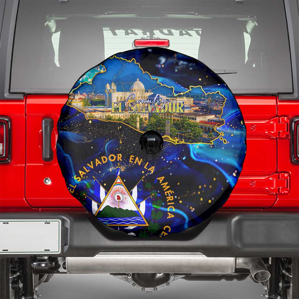 El Salvador Country Pride Spare Tire Cover Map Flag and National Emblem Art in Cosmic Blue DT02