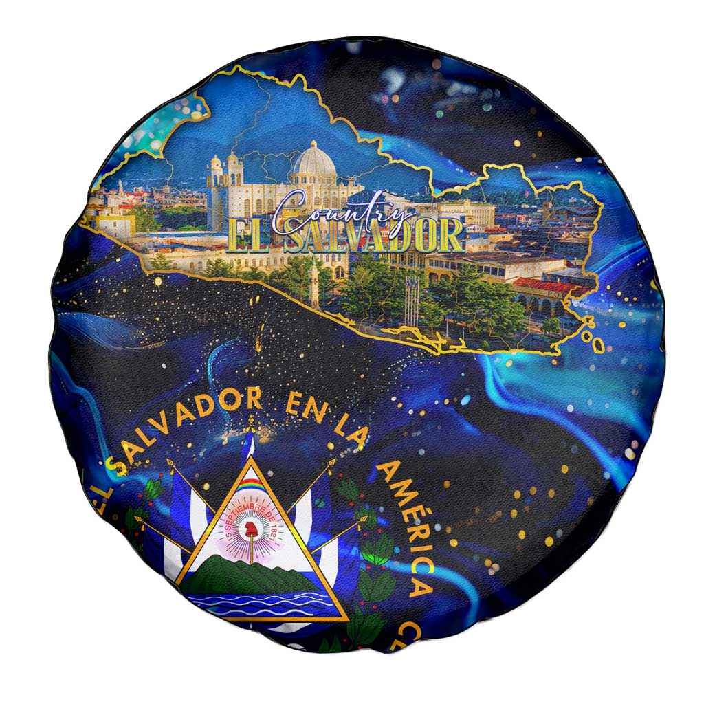El Salvador Country Pride Spare Tire Cover Map Flag and National Emblem Art in Cosmic Blue DT02