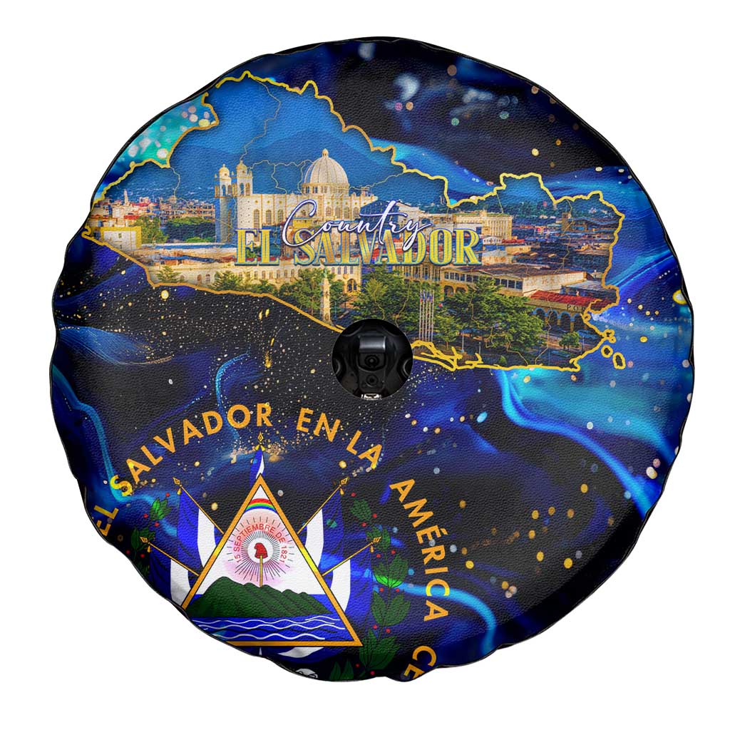 El Salvador Country Pride Spare Tire Cover Map Flag and National Emblem Art in Cosmic Blue DT02