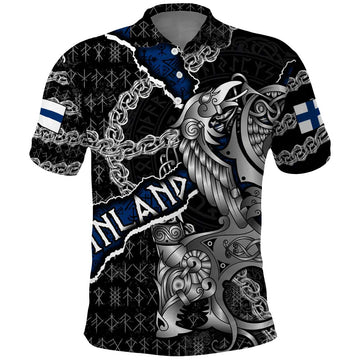 Personalized Finland Vikings Polo Shirt Nordic Lion Bound in Runes and Chains DT02