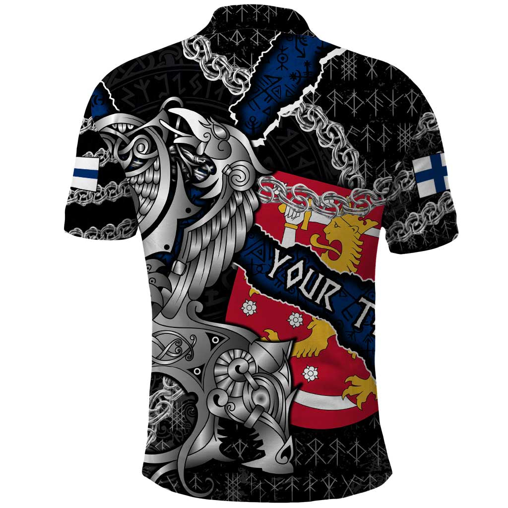 Personalized Finland Vikings Polo Shirt Nordic Lion Bound in Runes and Chains DT02