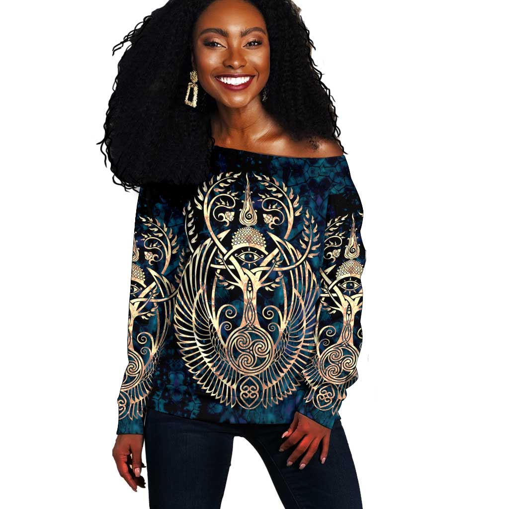 Adinkra Symbols Off Shoulder Sweater Tree of Life DT02