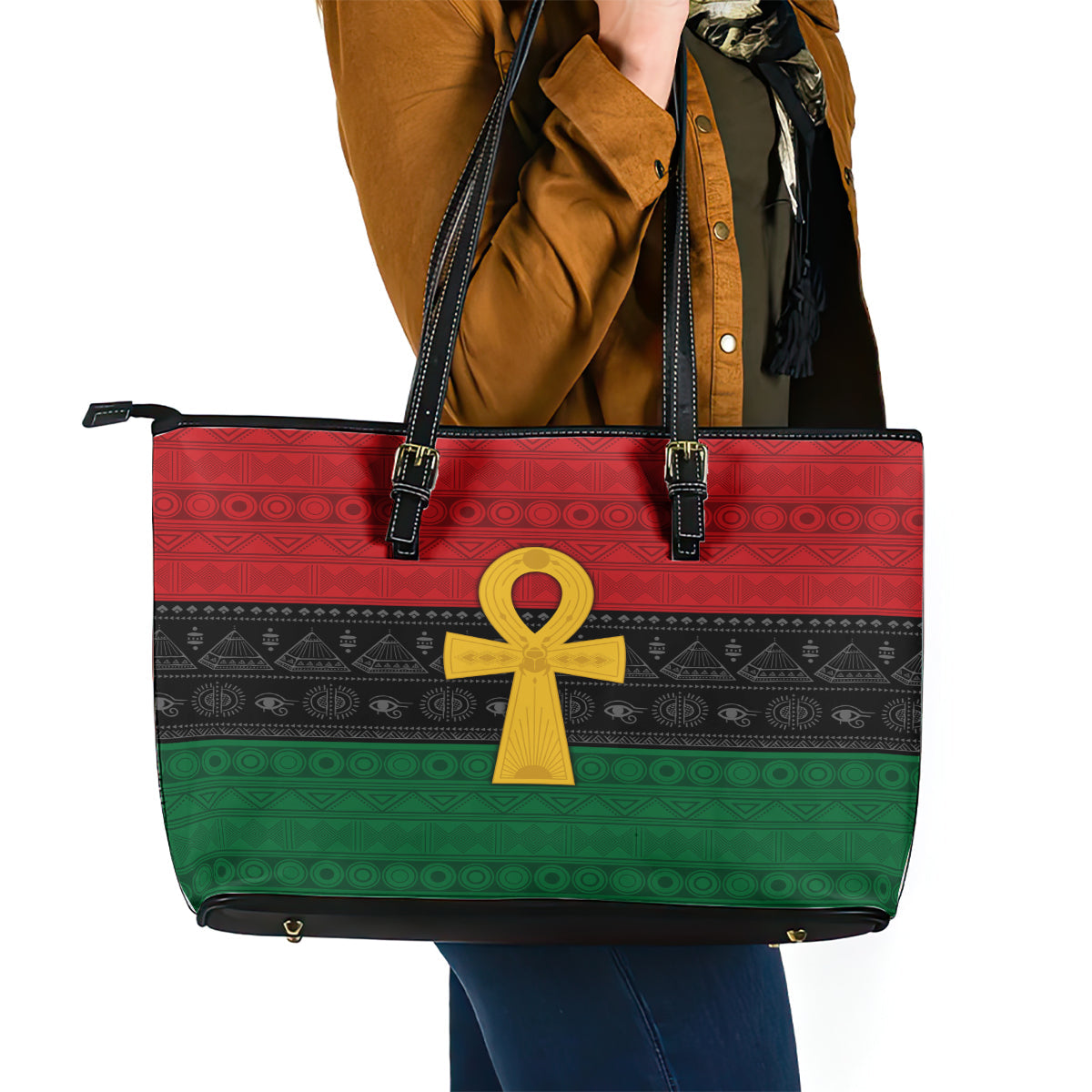 Pan African Ankh Leather Tote Bag Egyptian Cross DT02