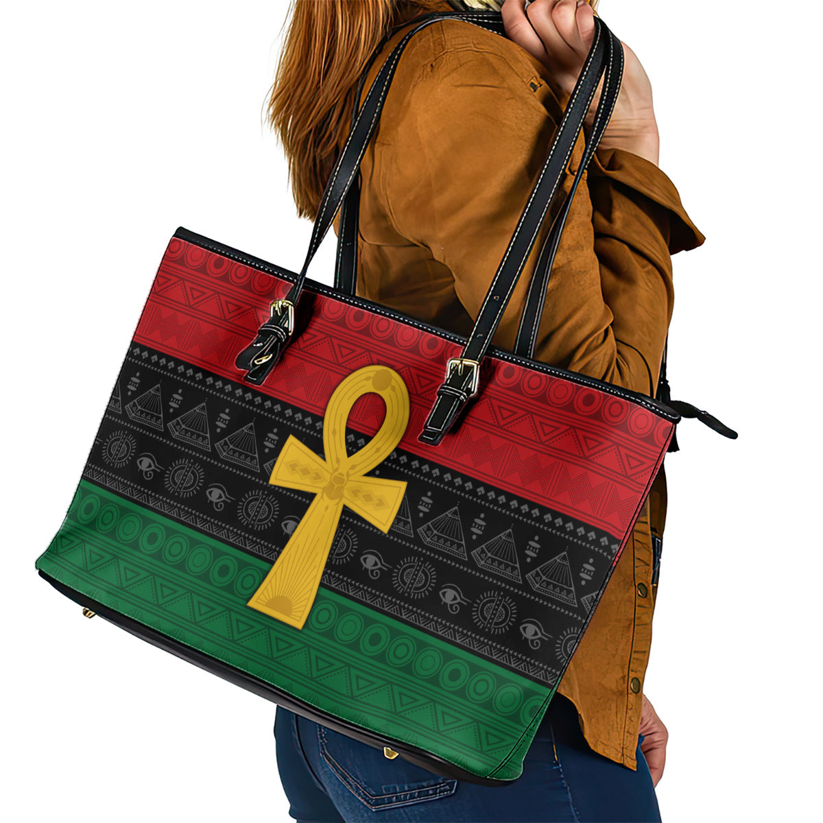 Pan African Ankh Leather Tote Bag Egyptian Cross DT02