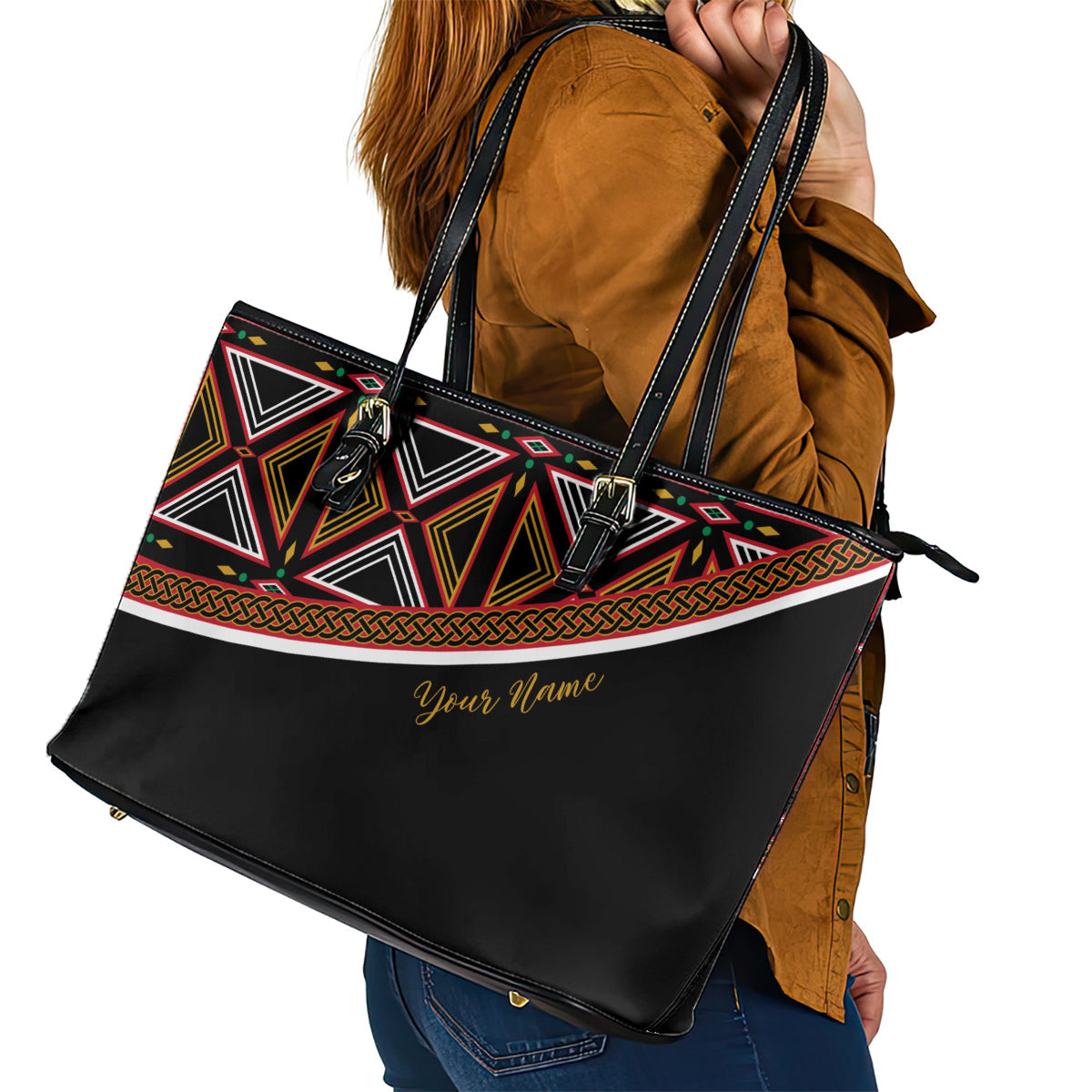 Personalized Bamenda African Leather Tote Bag Atoghu Cameroon Print DT02