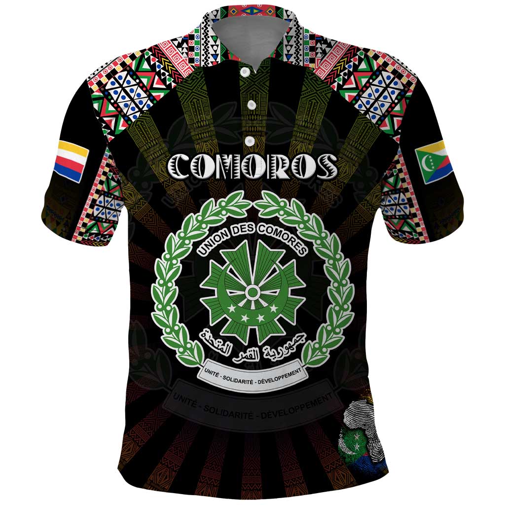 Personalized Comoros Roots Polo Shirt African Map in Fingerprint and Tribal Colors DT02
